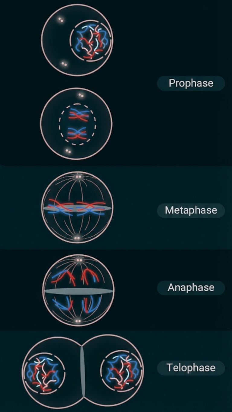 Schematische Darstellung der Mitose: Prophase, Metaphase, Anaphase, Telophase mit Chromosomen und Zellteilung